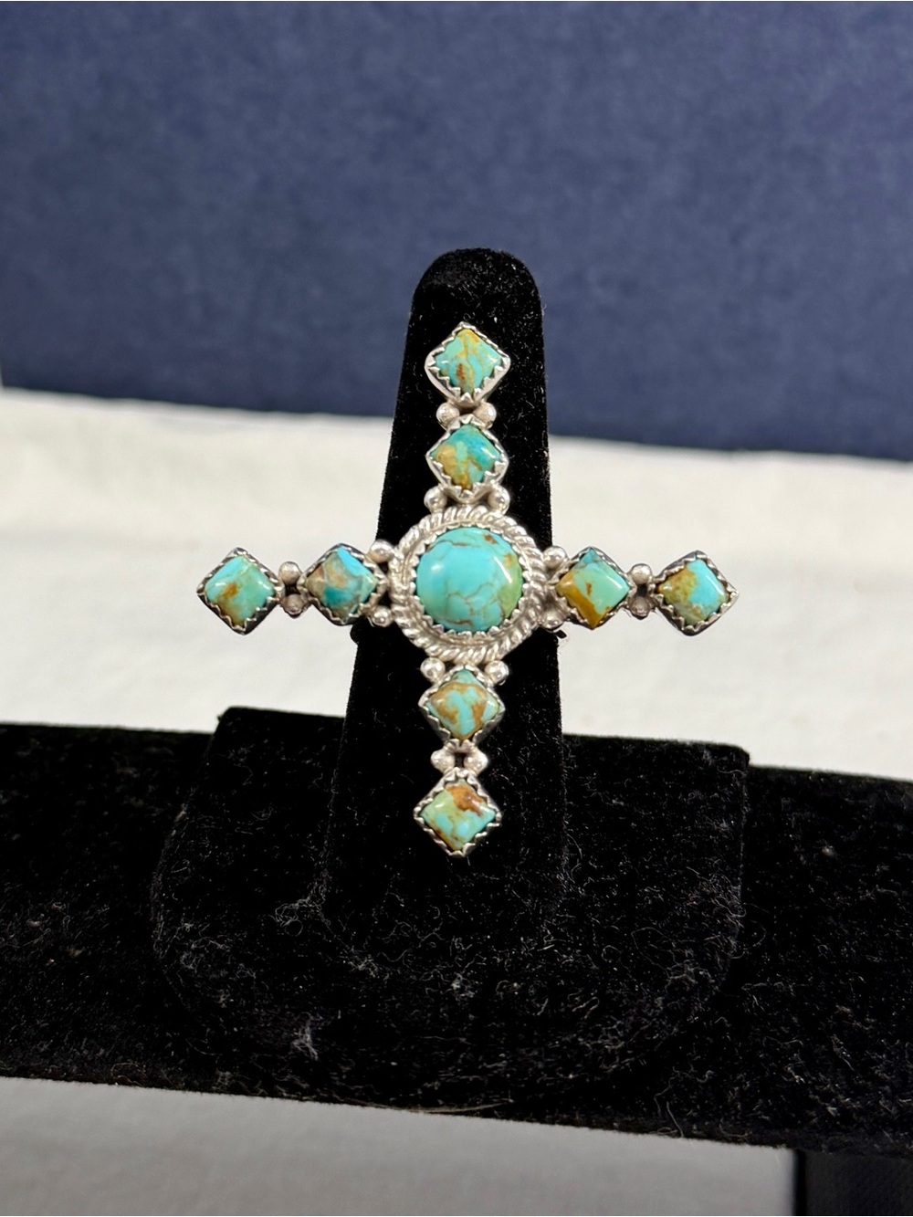 HaDa Collection Sterling Silver Kingman Turquoise Southwest Cross Ring SZ 8